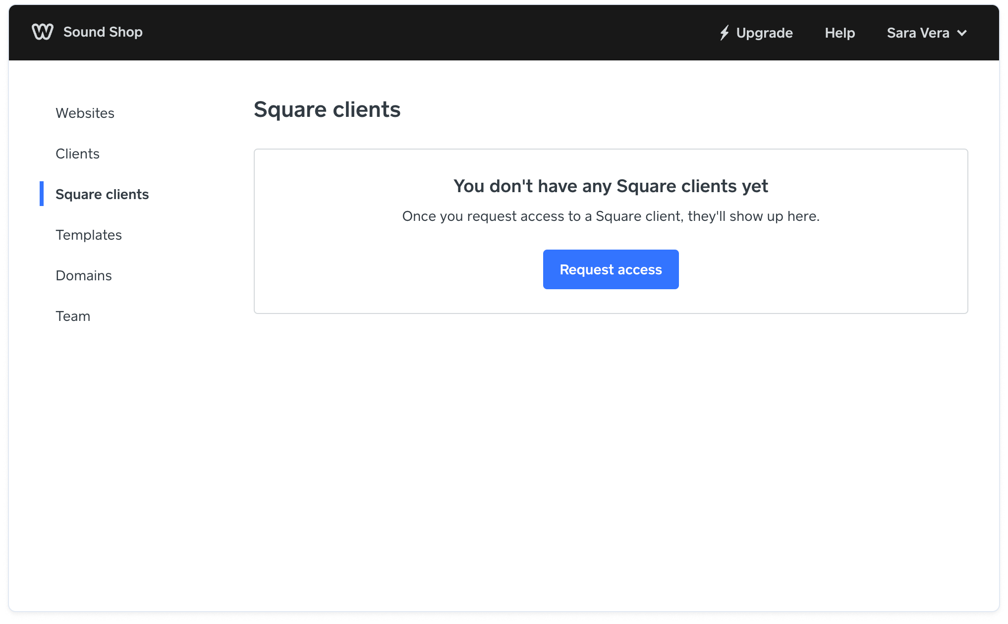 Weebly for Web Designers portal with Square clients in left navigation pane.