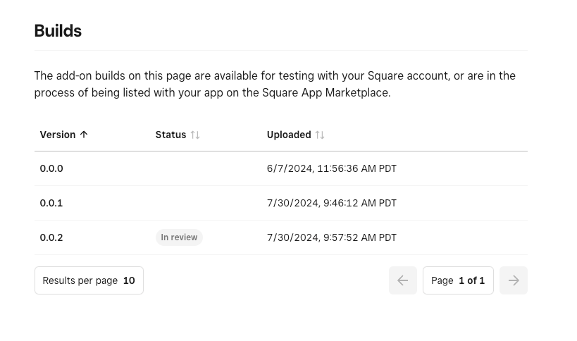 Screenshot of add-on builds where one build is 'In review'