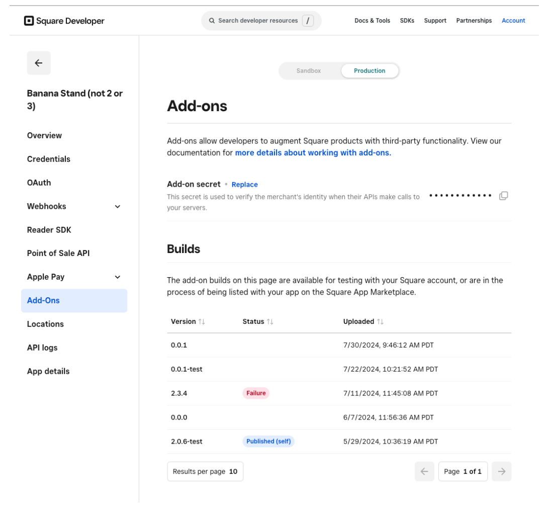 Screenshot of the Dashboard Add-Ons page in the Developer Console with the list of uploaded versions. 