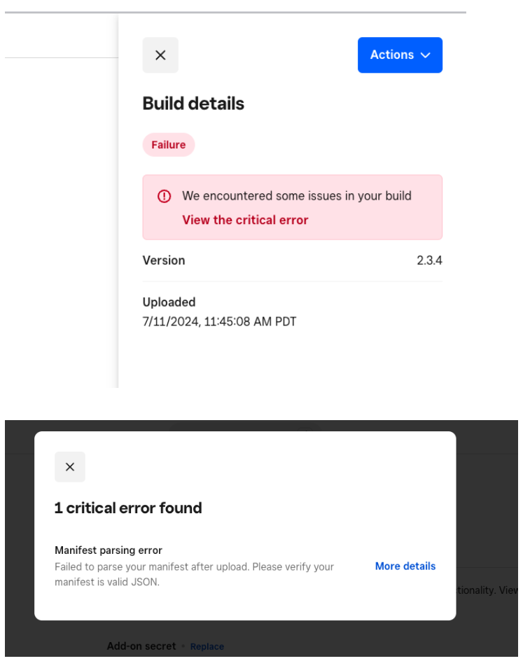 Screenshot of build errors when publishing the Add-on version. 