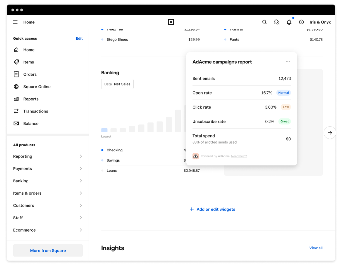 Screenshot of the home widgets placement in the Square Seller Dashboard