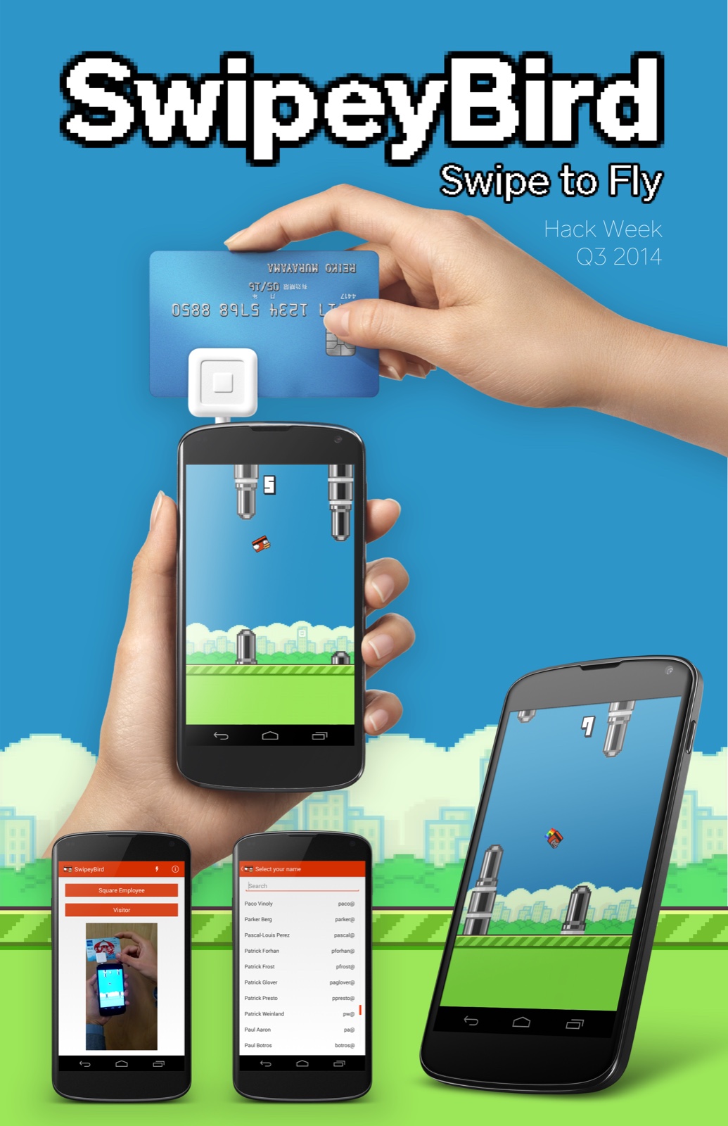 The Swipey Bird poster from Square's Q3 2014 hack week